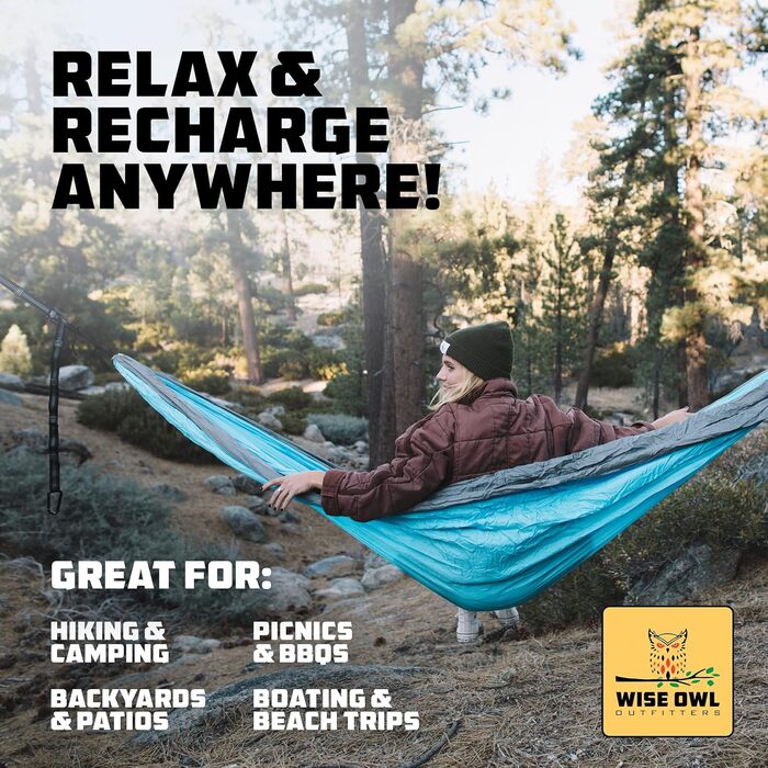 Wise Owl Outfitters Hammock for Camping, Single Hammocks, Outdoor Gear, Backpacking, Survival, or Travel, Portable, Lightweight, Parachute Nylon, Blue and Gray
