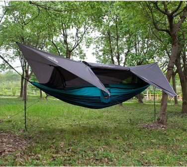 Гамак для кемпінгу з москітною сіткою та тент від дощу, двомісний, 210T нейлон, водонепроникний, для піших прогулянок (зелений, блакитний)