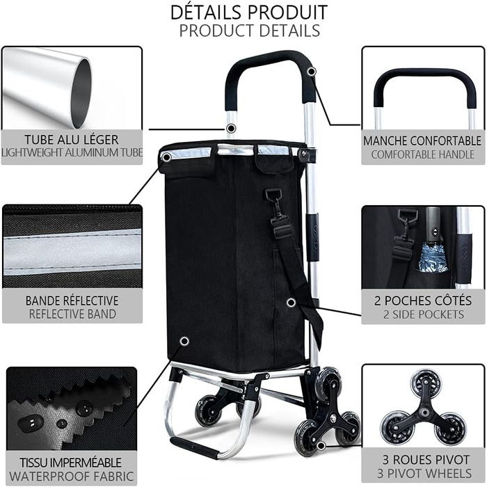 Тролей для покупок Vounot з алюмінію, для підйому сходами, складаний, з 6 колесами та відділенням для охолодження, водовідштовхувальний, 58L, чорний