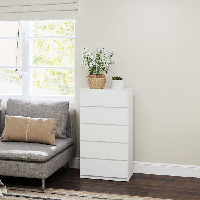 HOMCOM Chest of Drawers/Dresser/Sideboard with 5 Drawers, Office Cabinet with Tip-Proof Pull Handles, for Living Room, Bedroom, White, 55 x 34 x 100 cm | Aosom