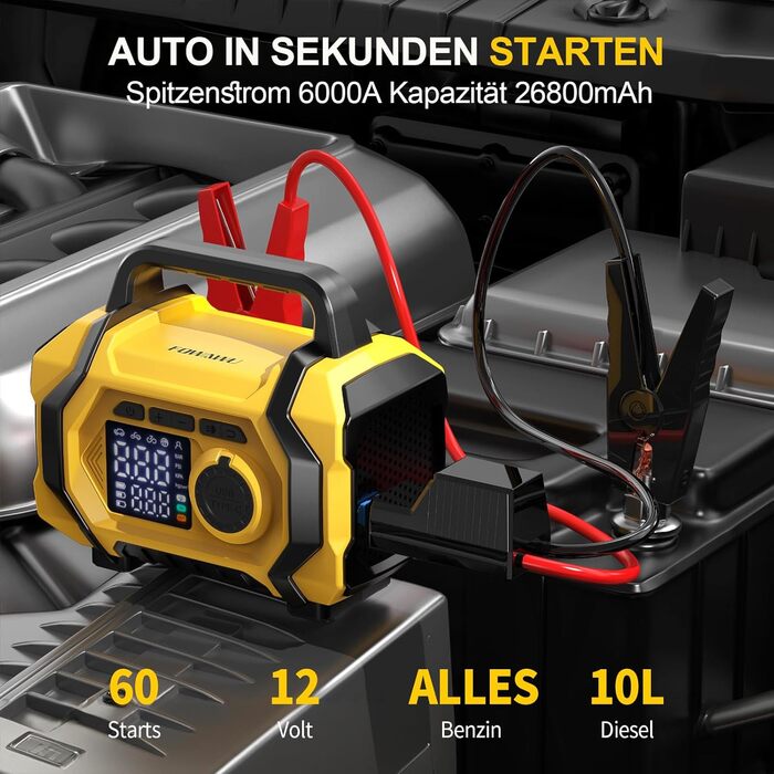 Портативний пусковий пристрій FOWAWU 9-в-1 з компресором, акумулятор 6000A, 26800mAh, 150psi, автовимкнення