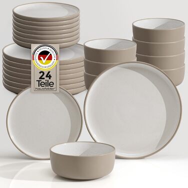 Сервіз Hausfelder для 8 осіб, 32 деталі, кераміка – 24-х предметний набір посуду з тарілок, мисок та чашок – стійкий до миття в посудомийній машині, сучасний дизайн (Nordic Sand)