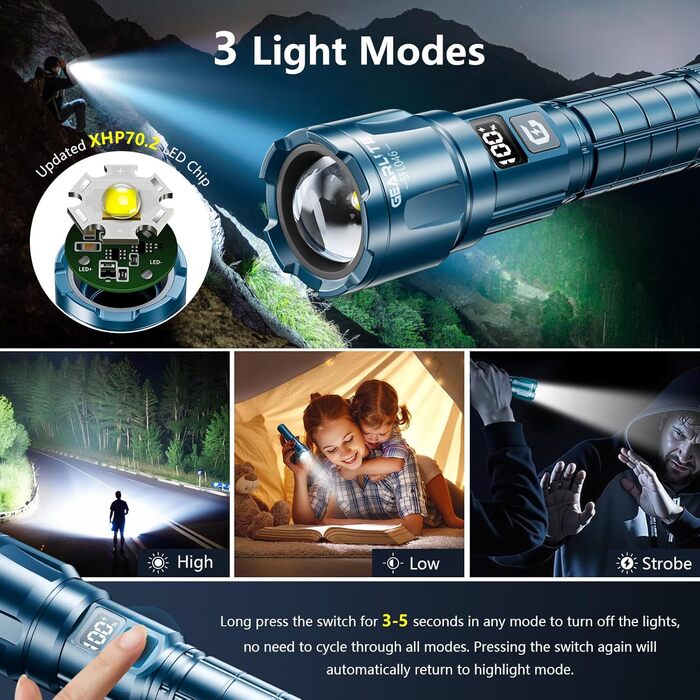 LED ліхтарик Gearlite з підзарядкою, 6000 люмен, тактичний, з регулюванням фокусу, 3 режими, водонепроникний IP65, для кемпінгу, риболовлі, надзвичайних ситуацій, походів (блакитний, 1 шт.)