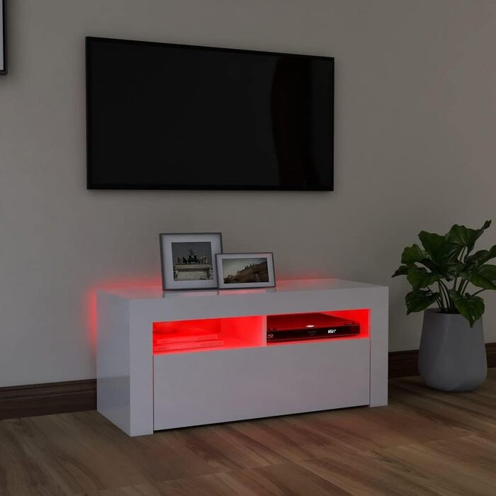 ТВ тумба vidaXL з LED підсвіткою, глянцева біла, 90x35x40 см, низька шафа для телевізора, медіатумба, HiFi меблі