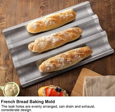 BuyWeek Baguette Baking Sheet, 3-Groove Stainless Steel Baguette Baking Mold French Bread Baking Sheet Pan Kitchen Baking Tool Silver