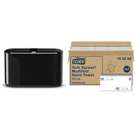 Tork Xpress Table Dispenser for Multifold Paper Towels 552200, Elevation Design - H2 Table Paper Towel Dispenser for Folded Towels, single-sheet dispensing, compact design, white, 21.8 x 32.3 x 11.6 cm (Black, Bundle with Paper Towels 20 x 237 Paper)