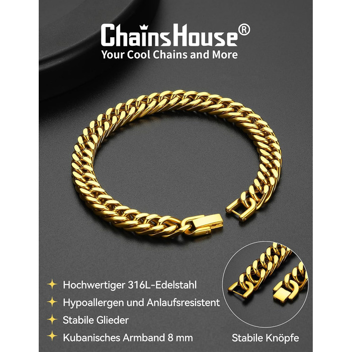 Чоловічий сталевий браслет ChainsHouse Panzer (ланцюг) сріблястий/чорний/золотий, ширина 8мм, довжина 23см — стильний хіп-хоп аксесуар у подарунковій коробці