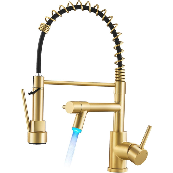 Кран кухонний LED Warmiehomy професійний, 360° поворотний, з двома виливами, високий вигин, спіральна пружина, для мийки, з нержавіючої сталі (золотий)