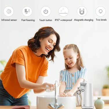 Frohsun Automatic Soap Dispenser - Rechargeable, Touchless, Motion Sensor, 350ml Capacity, Adjustable Foam Volume, IPX7 Waterproof - for Kitchen, Bathroom & Hotel Use (White)