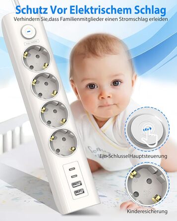 Мережевий фільтр Steckdose 8 в 1 з USB, 3680W з вимикачем, 16A з 2 USB-C, для смартфонів, ноутбуків, iPad, білий кабель 1.8м