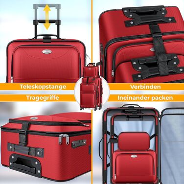 Набір валіз KESSER® 4 шт. | Тріумф валіз з тканини з кодовим замком TSA, 360° колесами та телескопічною ручкою | Косметичка ручної поклажі, легкі та великі валізи для бізнесу та подорожей, червоний