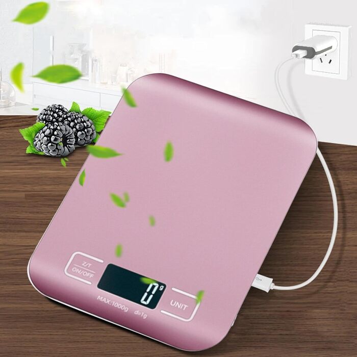 Кухонні ваги цифрові, 10 кг/1 г, USB, з підзарядкою, LCD дисплей, функція тарування, професійні кухонні ваги, рожеве золото