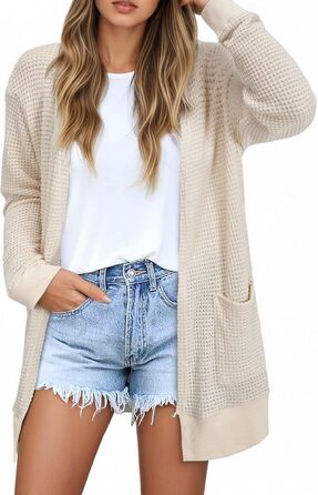 Жіноча в'язана жилетка з довгим рукавом, кардиган, відкритий фасон, стильний пуловер з кишенями, колір персиковий (M)