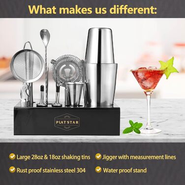 Набір бармена для коктейлів Mixology: шейкер бостонський, стійка, аксесуари з нержавіючої сталі для домашнього бару