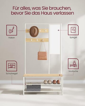 VASAGLE Clothes Rack, Coat Rack, Coat Stand with Hooks, Mirror, Bench, 35 x 98 x 180 cm, for Entryway, Bedroom, Living Room, Modern, Oak-White HSR415W09
