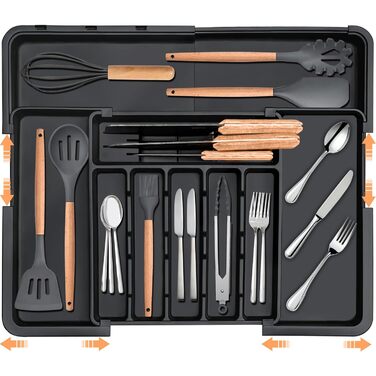 Органайзер для столових приборів в шухляду, розширюваний, чорний. Тримач для ложок, виделок, ножів. Регульований роздільник для кухонних ящиків