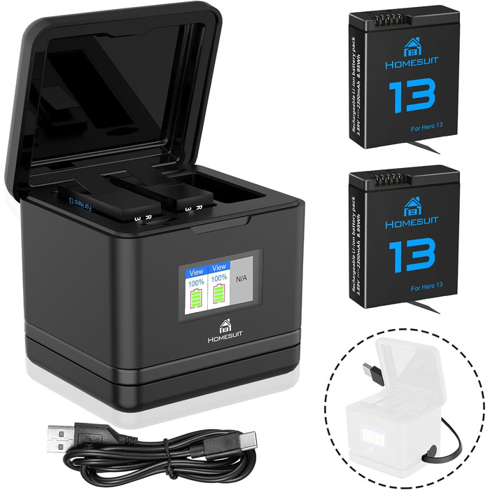 Набір акумуляторів та зарядного пристрою Homesuit Hero 13 для GoPro Hero 13 Black: 2 акумулятори 2300mAh + USB LED зарядний пристрій з підтримкою PD3.0 (Type-C)