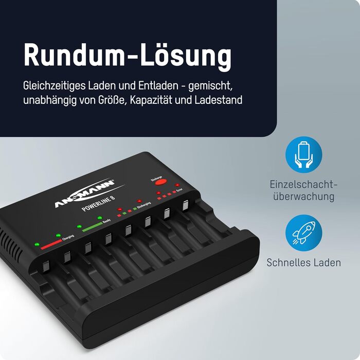 Інтелектуальний зарядний пристрій Powerline 8 для акумуляторів AA/AAA з LED-дисплеєм, дефекторозпізнаванням та захистом від перезаряду