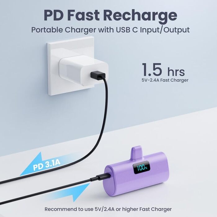 Портативний зарядний акумулятор Mini Powerbank 5200mAh з PD 20W для iPhone. Компактний Power Bank з LCD дисплеєм, сумісний з iPhone 14/13/12/11 та іншими моделями (фіолетовий)