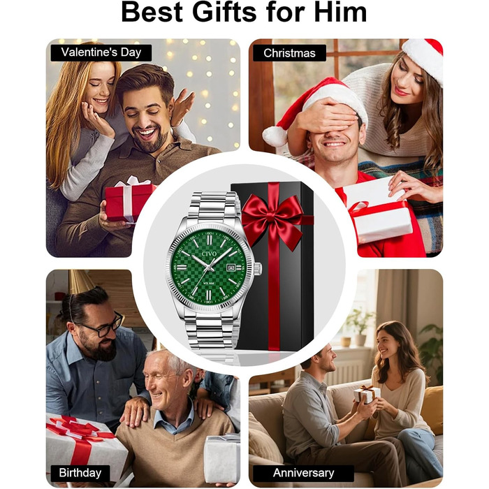 Чоловічий годинник CIVO з нержавіючої сталі: аналоговий бізнес-годинник з датою, що світиться - водонепроникний для роботи та відпочинку - стильний подарунок для чоловіків (сріблястий, зелений)