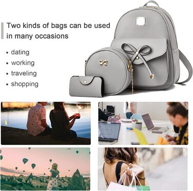 Жіночий рюкзак з PU шкіри: стильний щоденний рюкзак для подорожей, школи та роботи. Комплект сумок (сірий 03)