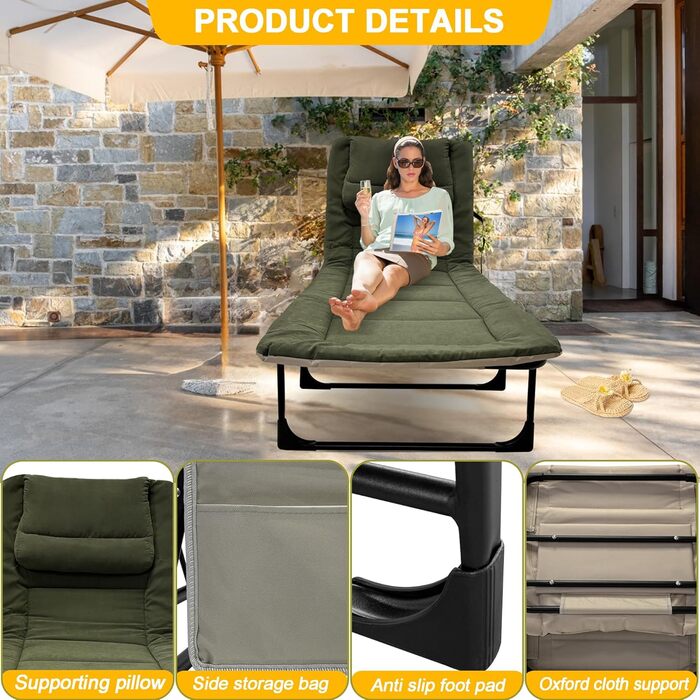 Розкладне ліжко-крісло для кемпінгу з матрацом, 6 положень спинки, ліжко для риболовлі, Outdoor ліжко XXL, 65x190x30 см, 1-місне, для відпочинку на природі