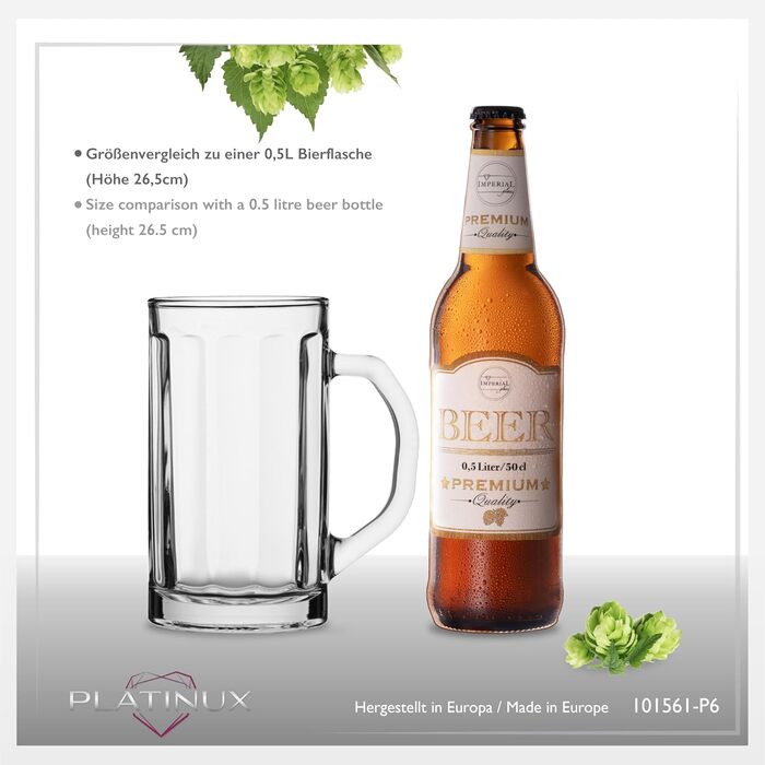 Набір скляних пивних кухлів PLATINUX Bierseidel з ручкою 6 шт. 300 мл (макс. 350 мл) для пива, прозорі, 0.3 л