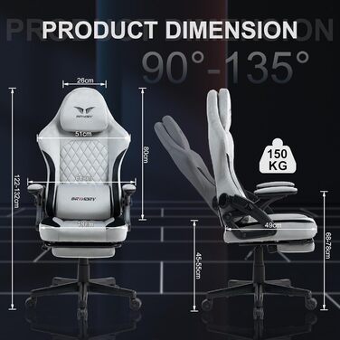 Геймерське крісло Racing Ergonomic Stoff Hellgrau з регульованою підголівкою та підставкою для ніг