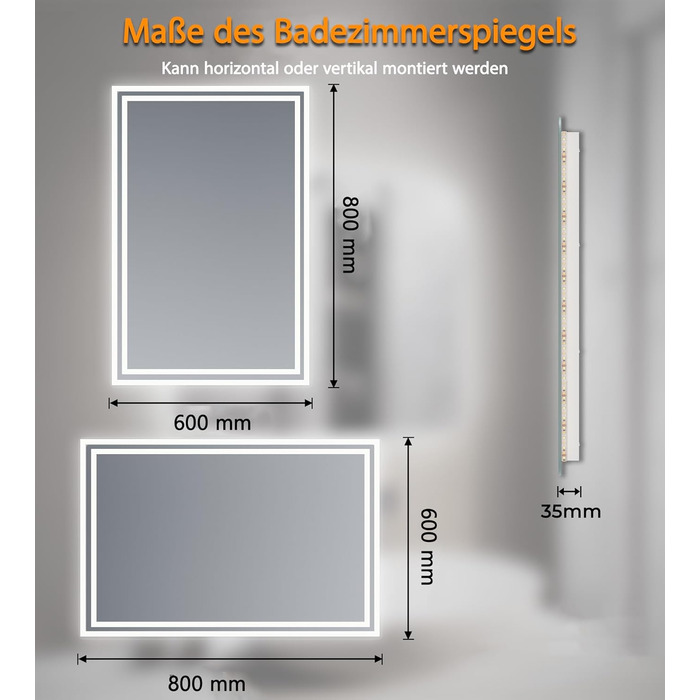 Дзеркало для ванної кімнати з підсвічуванням 60x50x3,5 см, LED, 6400K, Bluetooth, проти запотівання, вертикальна/горизонтальна установка