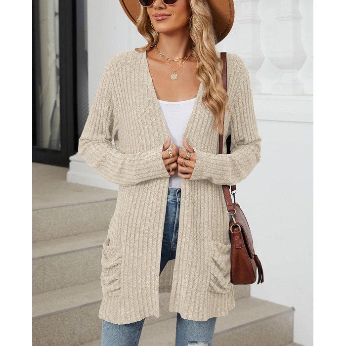 Кардиган жіночий Strickjacke Eegant бежевого кольору, розмір XXL. Теплий в'язаний кардиган з кишенями, еластичний трикотаж.