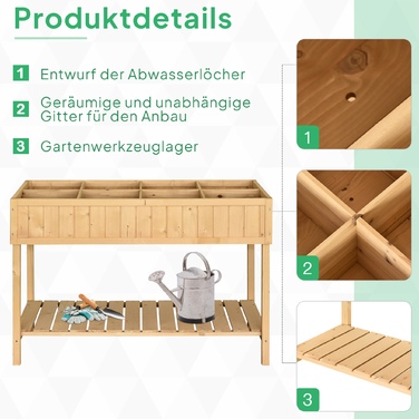 Outsunny Planting Table Raised Garden Bed Planting Table Flower Box Seedling Table 8 Compartments with Drainage, Shelf, Fir Solid Wood Natural Wood 110 x 46 x 76 cm | Aosom
