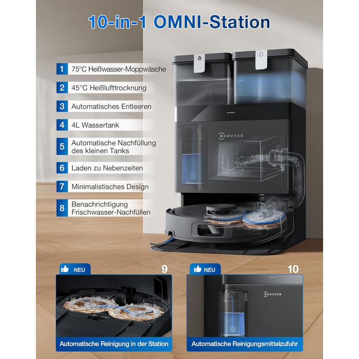 Робот-пилосос ECOVACS DEEBOT T30S PRO з функцією миття, 11000 Па, технологія ZeroTangle, миття гарячою водою 70°C, TruEdge™ для миття країв, акумулятор 6400 мАг, уникнення перешкод за допомогою AI (T30C OMNI Gen2 S)