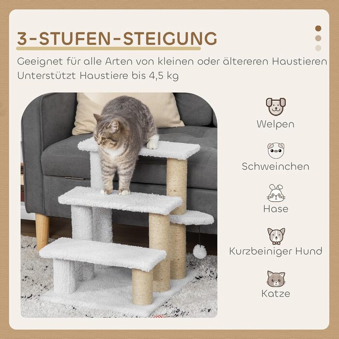 PawHut 3-Step Pet Staircase with Scratching Posts, Ball, Dog Staircase, Animal Staircase for Cats up to 5 kg, Plush Jute, White, 45 x 40 x 48 cm