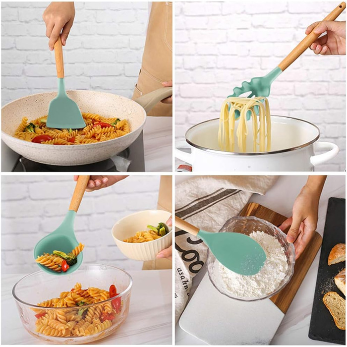Набір кухонних аксесуарів Kochbesteck: 14 предметів з силікону з дерев'яними ручками, включаючи S-гачки, ложки та мірні ложки