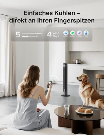 Турбовентилятор Pelonis Leiser - чорний, 106 см, 4.2 м/с, з пультом ДУ, 9-годинний таймер, 4 режими, 5 швидкостей, SMART-режим, LED-дисплей для спальні/офісу