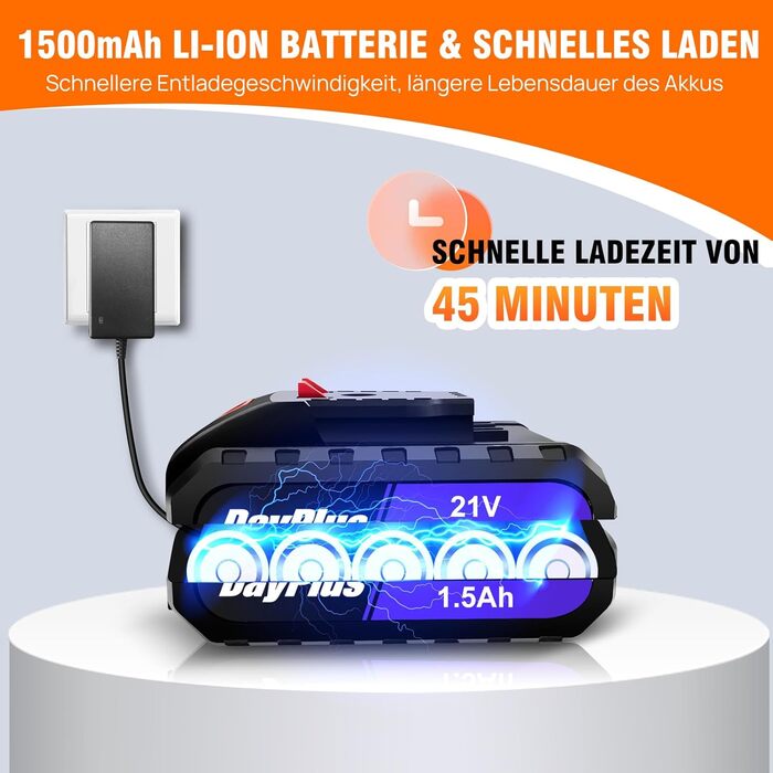 Акумуляторний шуруповерт 21V Set, білий: шуруповерт з акумулятором 1.5Ah, швидка зарядка, 45Nm, 25+1 ступінь, 2 швидкості, LED-ліхтар, набір з 26 аксесуарів для ремонту та DIY (шуруповерт + 2 акумулятори 1.5Ah (блакитні))