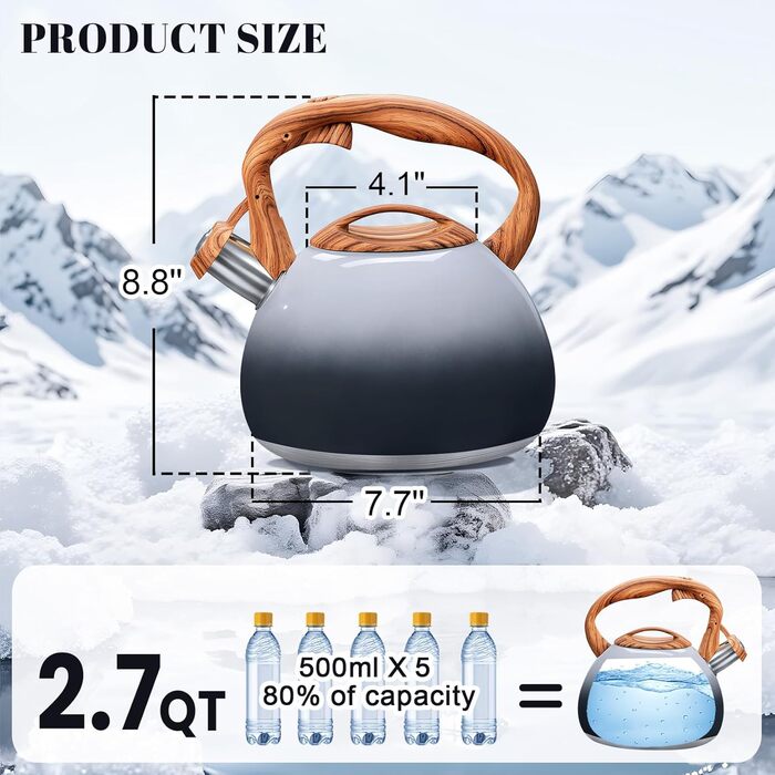 Чайник для плити GGC з регулятором рівня води 3.1 л / 3 л, з свистком, градієнт кольору сірий/чорний, з дерев'яною ручкою, з нержавіючої сталі для дому