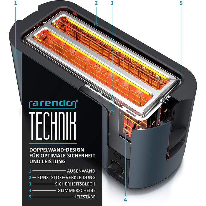 Тостер Arendo з нержавіючої сталі, 4 слоти, підігрів, підігрів тостів, підставка для бургерів, зйомка крихт, дисплей, темно-синій