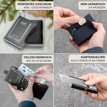 Гаманець чоловічий PURISTO KLIK Classic Slim з відділом для монет - мініатюрний гаманець з натуральної шкіри з RFID-захистом для 10-14 карт - карбоновий дизайн