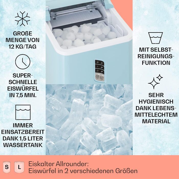 Klarstein Ice Cube Machine Small, Fast Ice Cube Maker, Self-Cleaning Ice Cube Maker, Ice Cube Device for Large and Small Ice Cubes, with Ice Cube Container, 12kg/24h, Capacity 1.5 L (Blue)