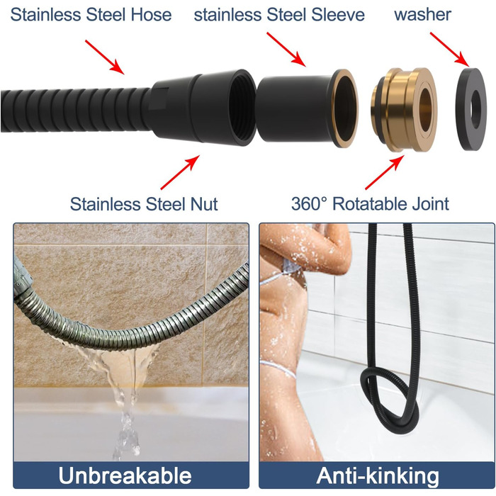 Delnet Classic High-Pressure Shower Head, Chrome, Traditional Telephone Style, Handheld Shower and 1.5m Hose (Modern, Black)