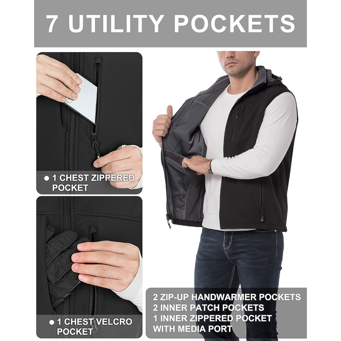 Чоловіча тепла жилетка Softshell з капюшоном, чорна XXL - водонепроникна, без рукавів