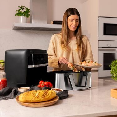 Cecotec Oil-Free Hot Air Fryer, 9L Cecofry Dual 9000 Air Fryer. 2850W, Digital and compact, Dual Temperature, PerfectCook Technology, possibility to split the bowl into 2 x 4.5L, 6 Modes Stainless Steel 1 Basket 9 Liters + Divider