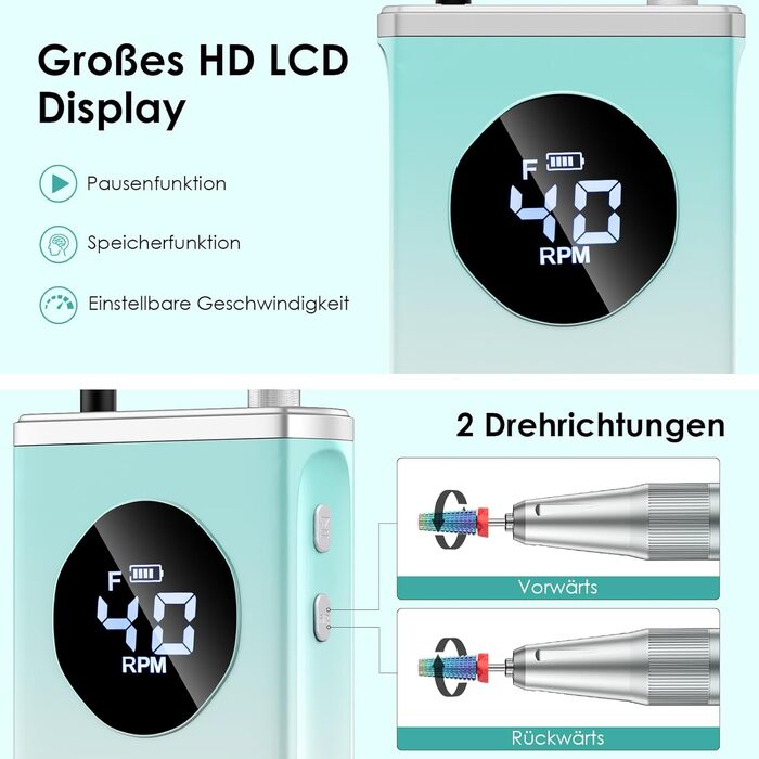 Електричний фрезер для манікюру та педикюру Profi Set 16 в 1 з LCD дисплеєм, 40000 об/хв, F/R, для гелевих нігтів, портативний, фіолетовий, блакитний, білий