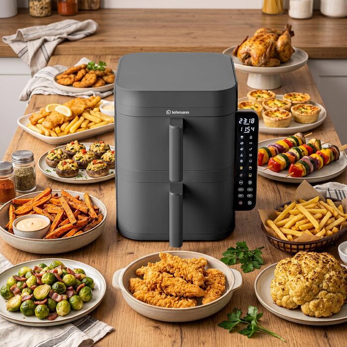 Аерофритюрниця з двома камерами LEHMANN XXL 12L, 2800 Вт, антипригарне покриття, 10 програм, без олії, сіра