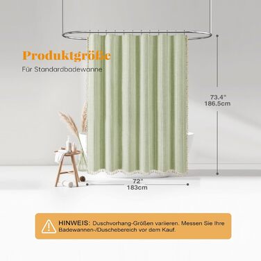 Штора для душу BTTN 182 x 200 см, Бохо-Ферма, важка тканина, рустикальний дизайн з бахромою, водовідштовхувальна, з обтяжувачем, 12 гачків (зелена, смугаста, H180 x B180 см, 1 шт.)