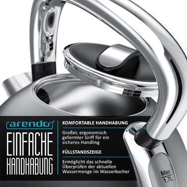 Arendo Retro Stainless Steel Kettle - 2.2L, 2200W, Cool Grey - Electric Kettle with Removable Scale Filter & Auto Shutoff