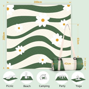 LARUTAN Beach Blanket, Waterproof, Machine Washable, Portable Picnic Blanket with Shoulder Strap - for Beach Days & Picnics Versailles Daisy 200 x 200 cm