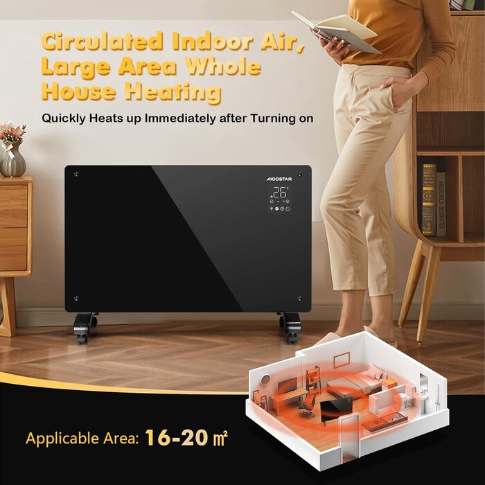 Електричний конвектор Aigostar з термостатом та Wi-Fi, 2000W, для приміщень до 30 м², чорний