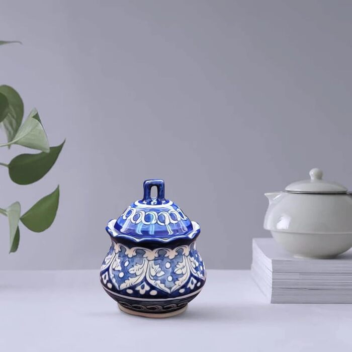 Blue Pottery Sugar Bowl – Hand-formed and painted, ceramic, handcrafted, floral pattern, 6 cm